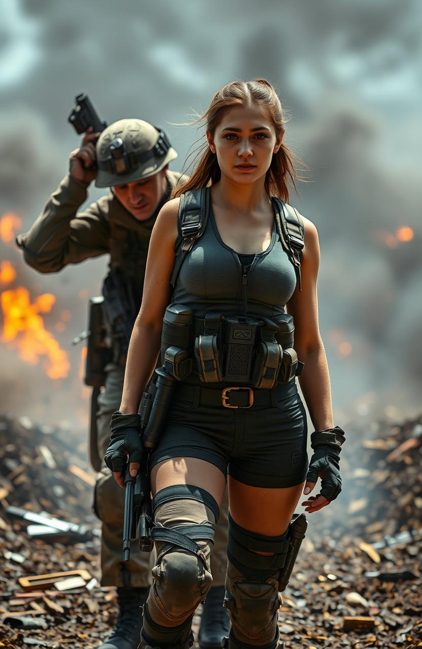 A dramatic scene depicting a soldier who appears to be distressed or overwhelmed, with a young woman standing confidently in front of him