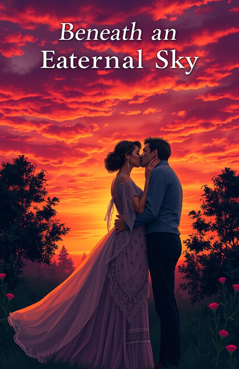 A romantic scene titled 'Beneath an Eternal Sky', featuring couples embracing under a vibrant sunset