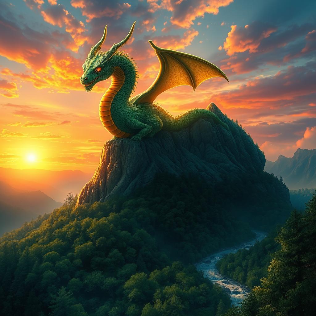 A stunning and intricate digital painting of a majestic dragon perched atop a towering mountain peak, its scales glistening in shades of emerald green and gold under a vibrant sunset sky