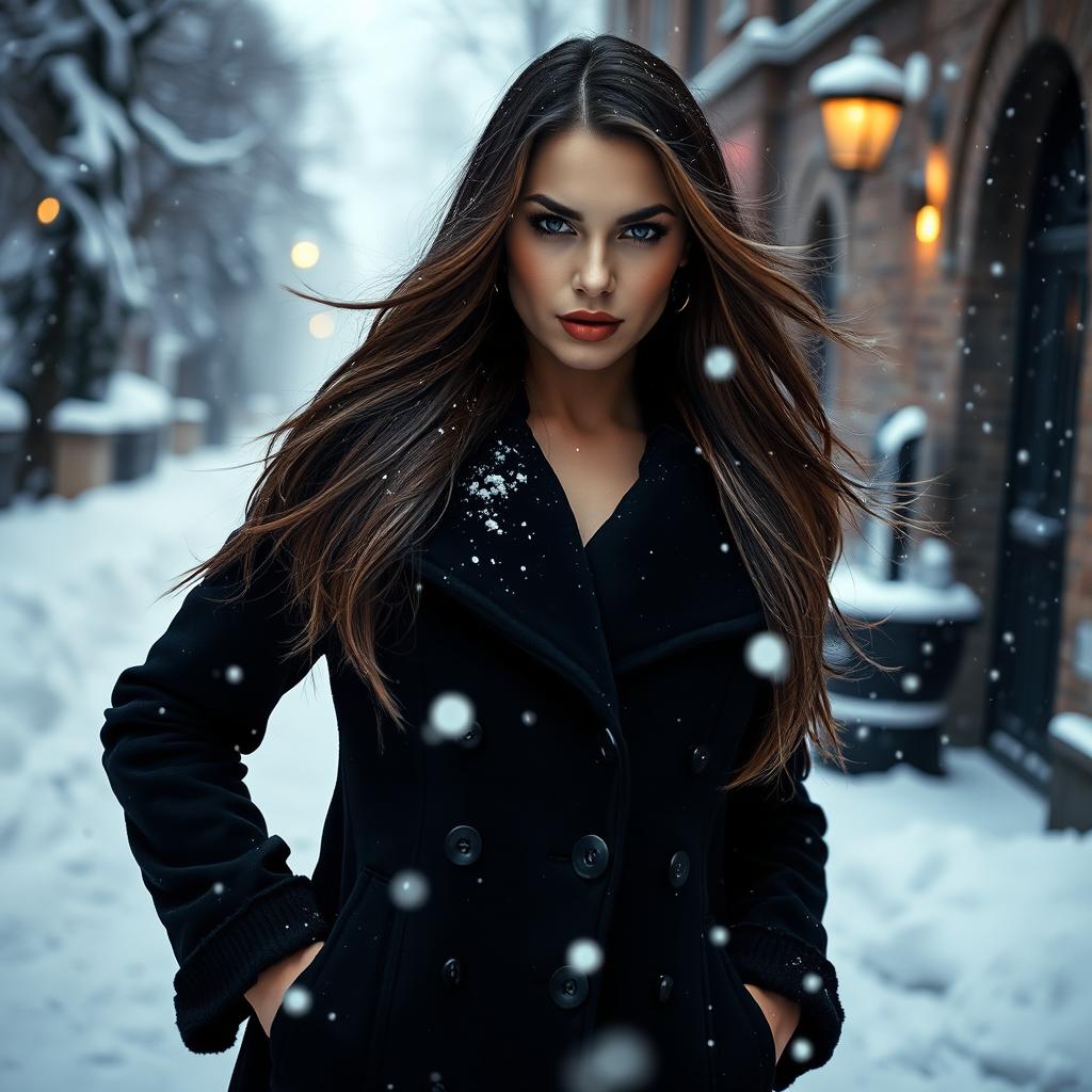 A stunning Russian mafia girl standing in a snowy landscape, wearing a stylish black coat