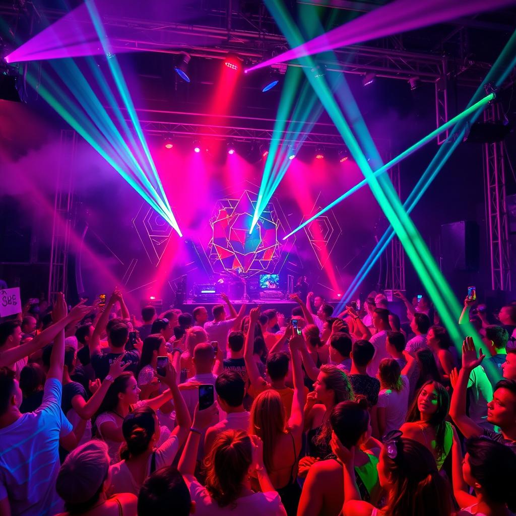 A vibrant and energetic scene of a tech house music festival, featuring a DJ booth with colorful lights and visual effects