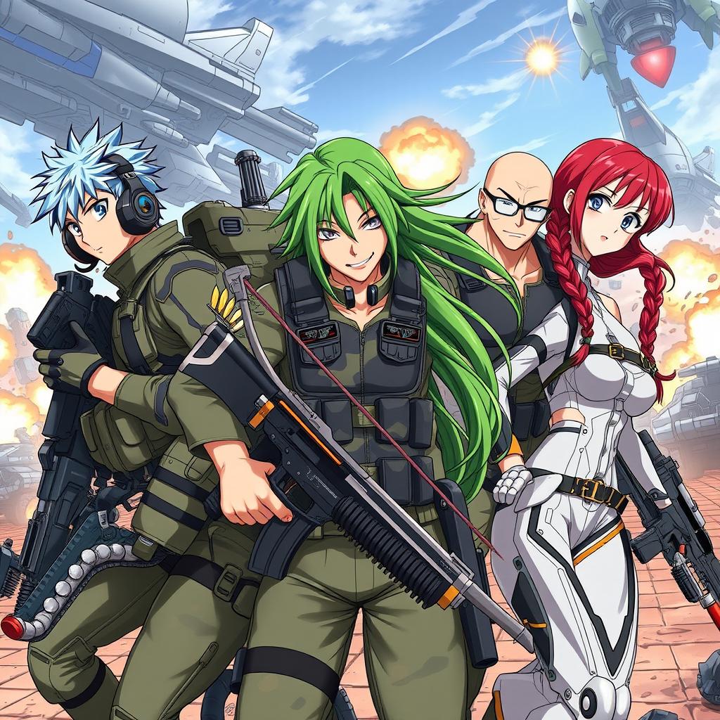 A dynamic scene featuring five elite army soldiers in anime style, showcasing diverse characters with unique attributes