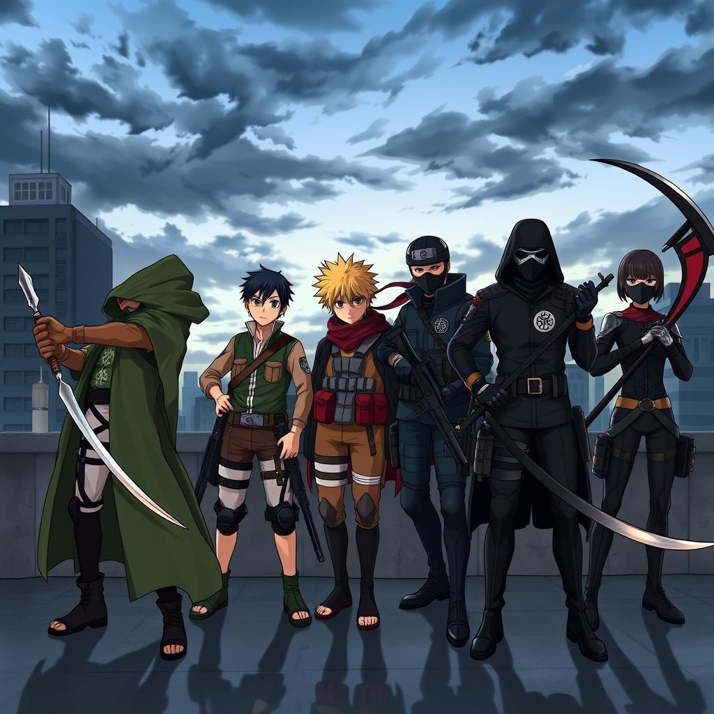 A group of five special forces members from different anime universes gathered together, each with unique weapons and outfits that reflect their respective anime styles