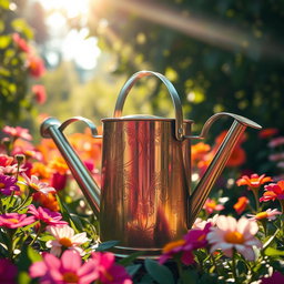 A beautifully designed watering can with intricate floral patterns, made of shiny metallic material, placed in a lush garden filled with vibrant flowers and greenery