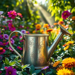 A beautifully designed watering can with intricate floral patterns, made of shiny metallic material, placed in a lush garden filled with vibrant flowers and greenery