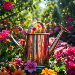 A beautifully designed watering can with intricate floral patterns, made of shiny metallic material, placed in a lush garden filled with vibrant flowers and greenery