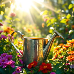 A beautifully designed watering can with intricate floral patterns, made of shiny metallic material, placed in a lush garden filled with vibrant flowers and greenery