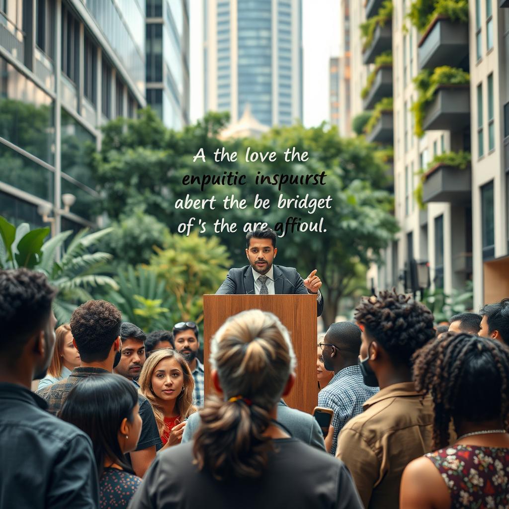 An exploration of the concept of influence, depicting a scene where a charismatic leader is inspiring a diverse group of people in an urban setting