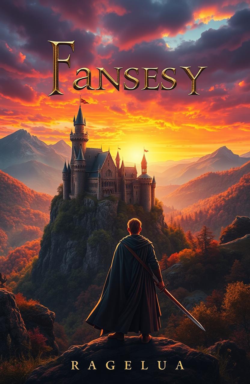 A thought-provoking and immersive fantasy novel cover design that features a majestic castle perched atop a cliff overlooking a vibrant valley