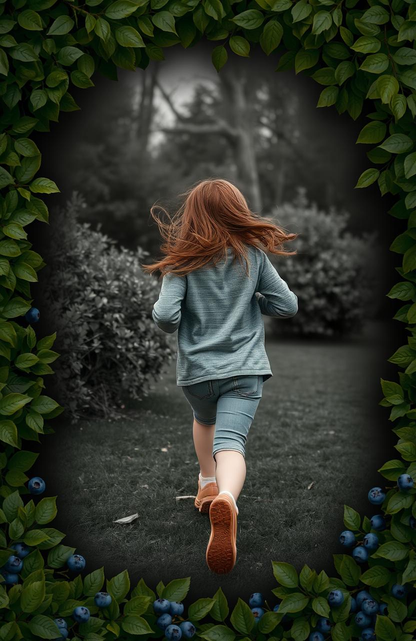 A scene featuring a girl with brown hair running from behind, set against a black background