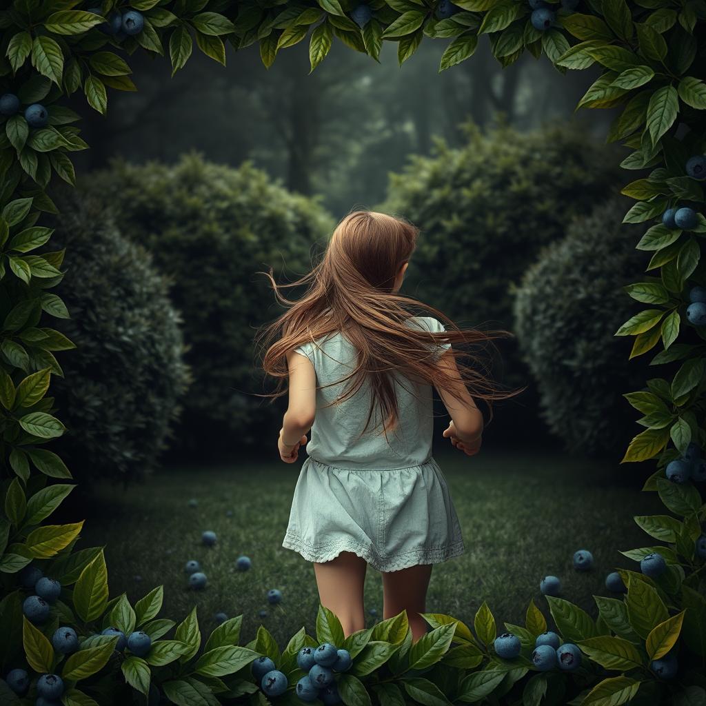 A fantasy-themed scene featuring a teenage girl with brown hair running from behind, set against a dramatic black background