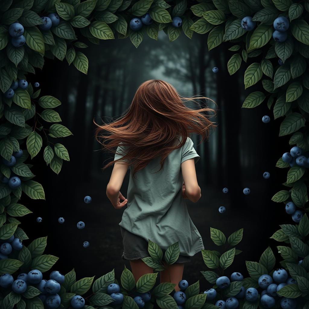 A fantasy book cover design featuring a teenage girl with brown hair running from behind against a dramatic black background