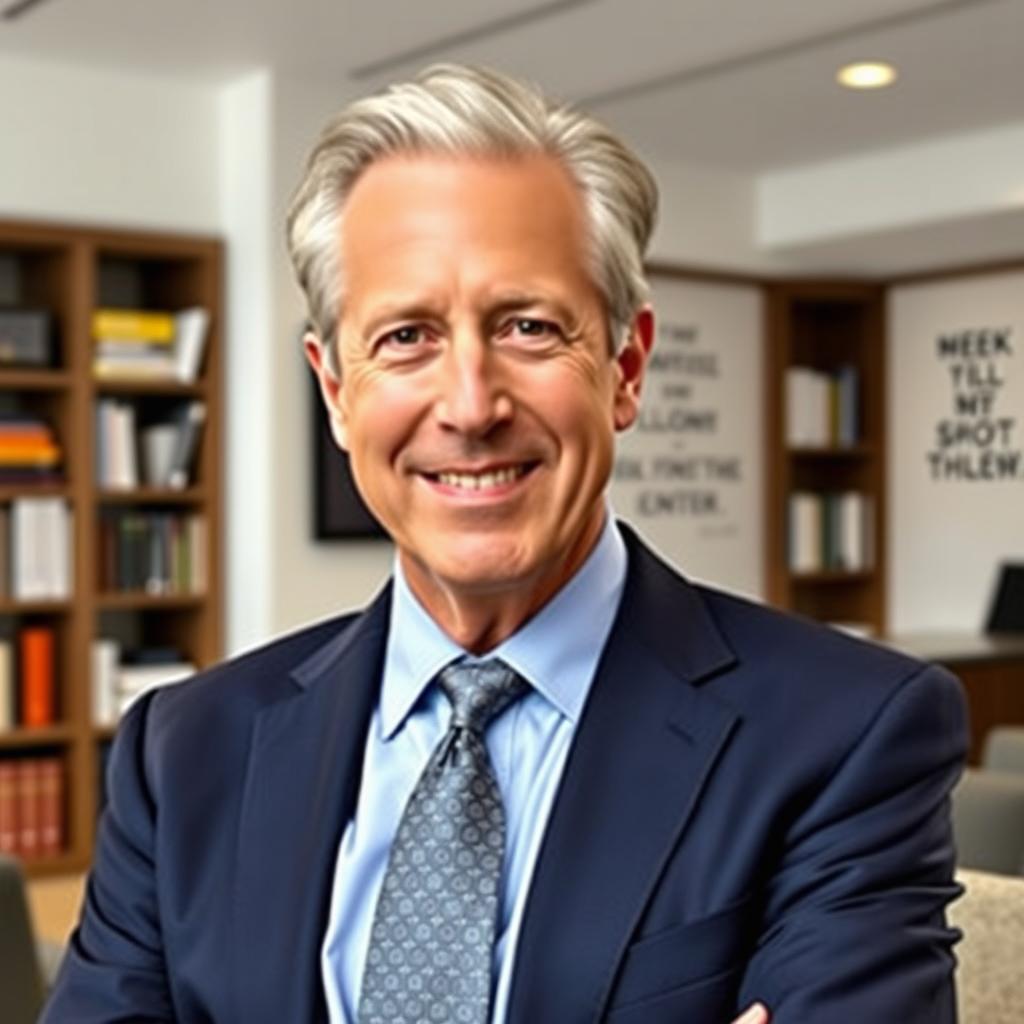 A portrait of John Maxwell, the renowned leadership expert, positioned confidently in a professional setting