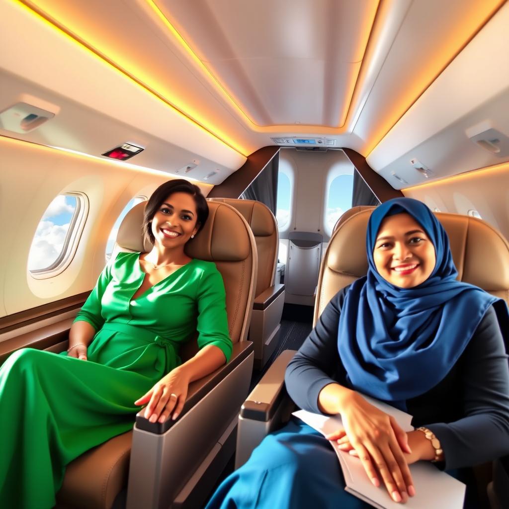 A bright and lively airplane interior, showcasing a spacious first-class cabin