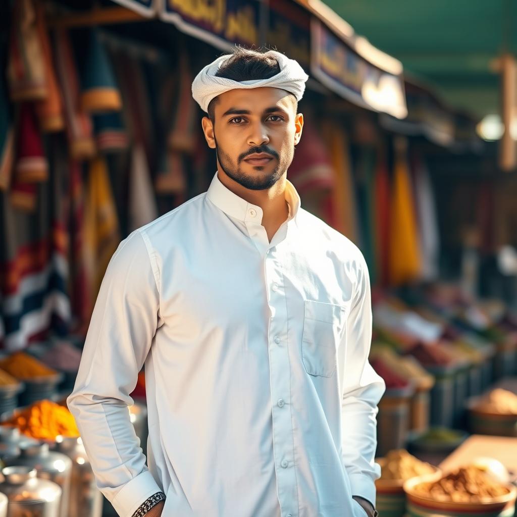 A fashionable male model standing confidently, wearing a traditional Qatari kandura with a stylish collar that matches the shirt collar