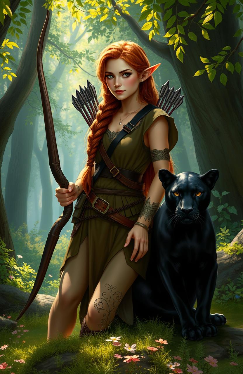 Mature elf with honey-colored skin, featuring chestnut hair styled in a braid