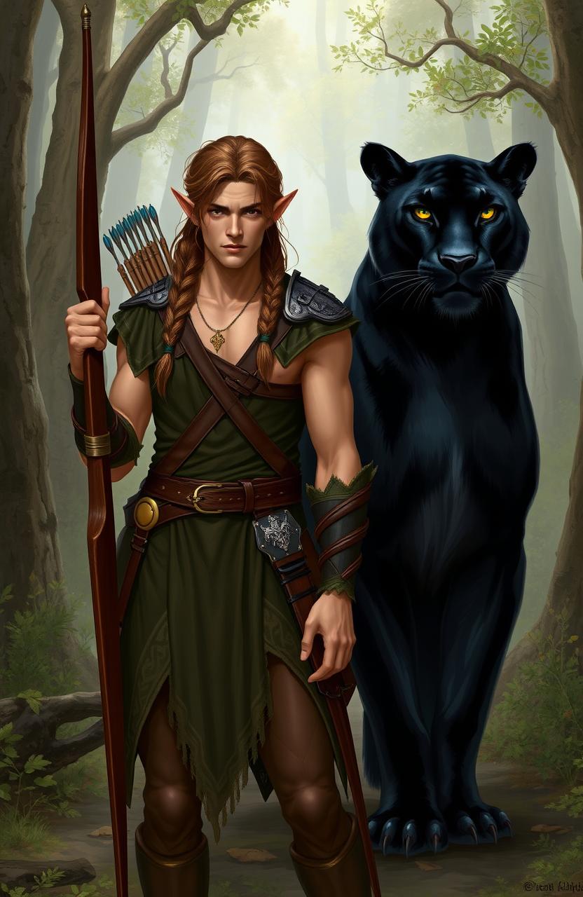 A mature male elf with honey-colored skin and brown hair styled in a braid