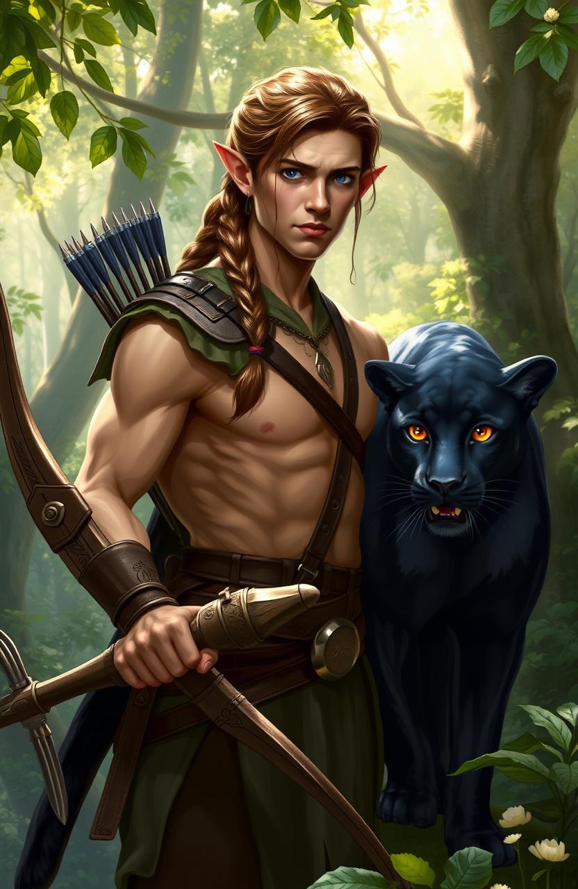 A mature male elf with honey-colored skin and brown hair styled in a single braid