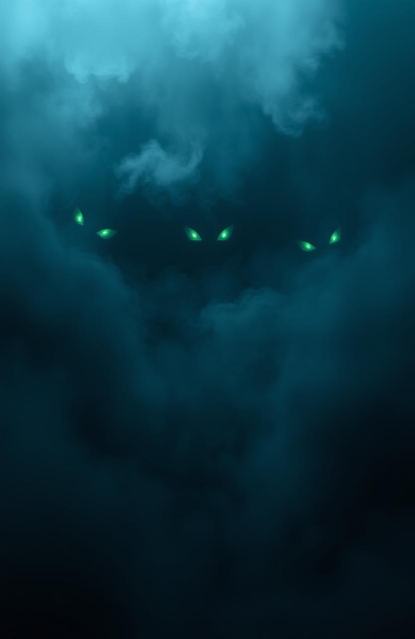 An abstract representation of 'fear of the unknown', showcasing dark, ominous shapes emerging from a misty, shadowy background