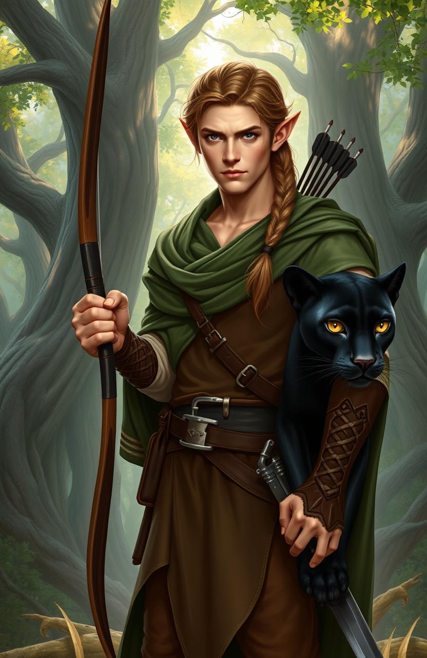 A mature male elf with striking gray eyes, honey-colored skin, and brown hair styled in a single braid