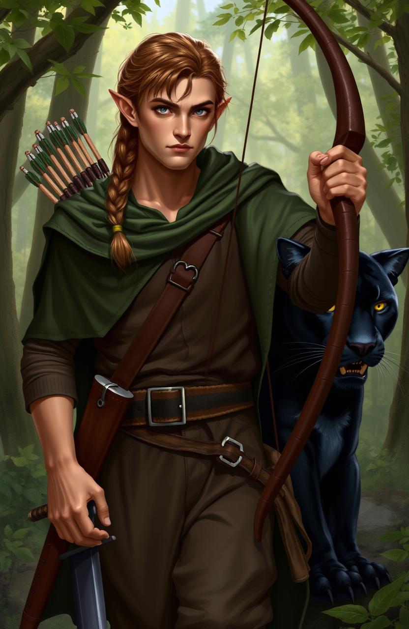 A mature male elf with gray eyes, honey-colored skin, and brown hair styled in a single braid