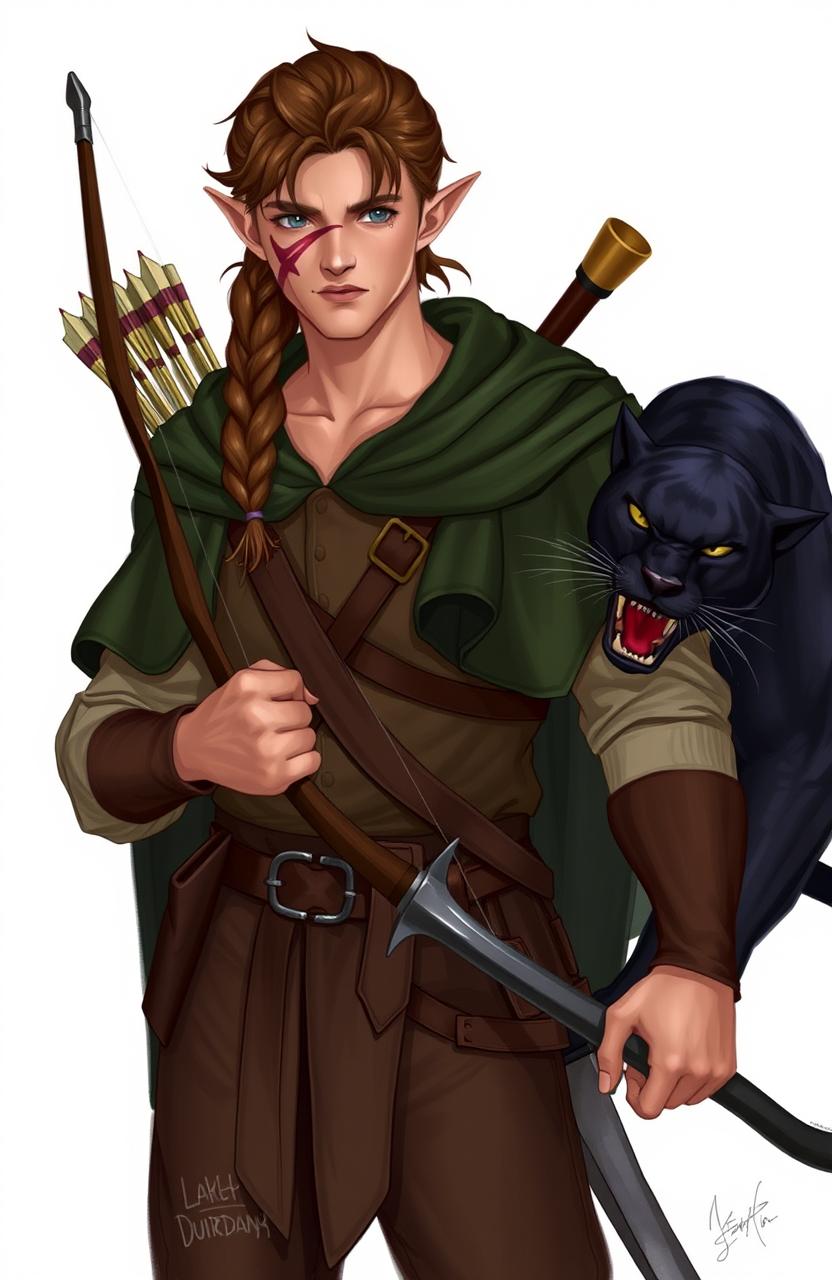 A mature male elf with gray eyes, honey-colored skin, and brown hair styled in a single braid