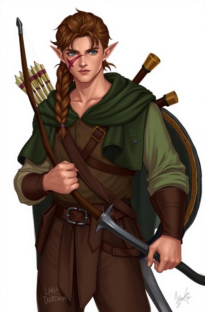 A mature male elf with gray eyes, honey-colored skin, and brown hair styled in a single braid