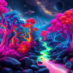 A surreal landscape showcasing an otherworldly forest filled with vibrant, colorful trees in fantastical hues like electric blue, vivid pink, and glowing orange