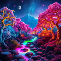 A surreal landscape showcasing an otherworldly forest filled with vibrant, colorful trees in fantastical hues like electric blue, vivid pink, and glowing orange