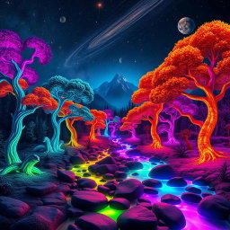 A surreal landscape showcasing an otherworldly forest filled with vibrant, colorful trees in fantastical hues like electric blue, vivid pink, and glowing orange