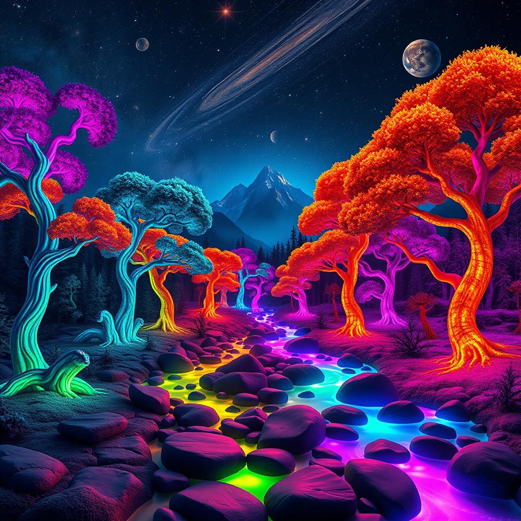 A surreal landscape showcasing an otherworldly forest filled with vibrant, colorful trees in fantastical hues like electric blue, vivid pink, and glowing orange