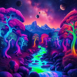 A surreal landscape showcasing an otherworldly forest filled with vibrant, colorful trees in fantastical hues like electric blue, vivid pink, and glowing orange