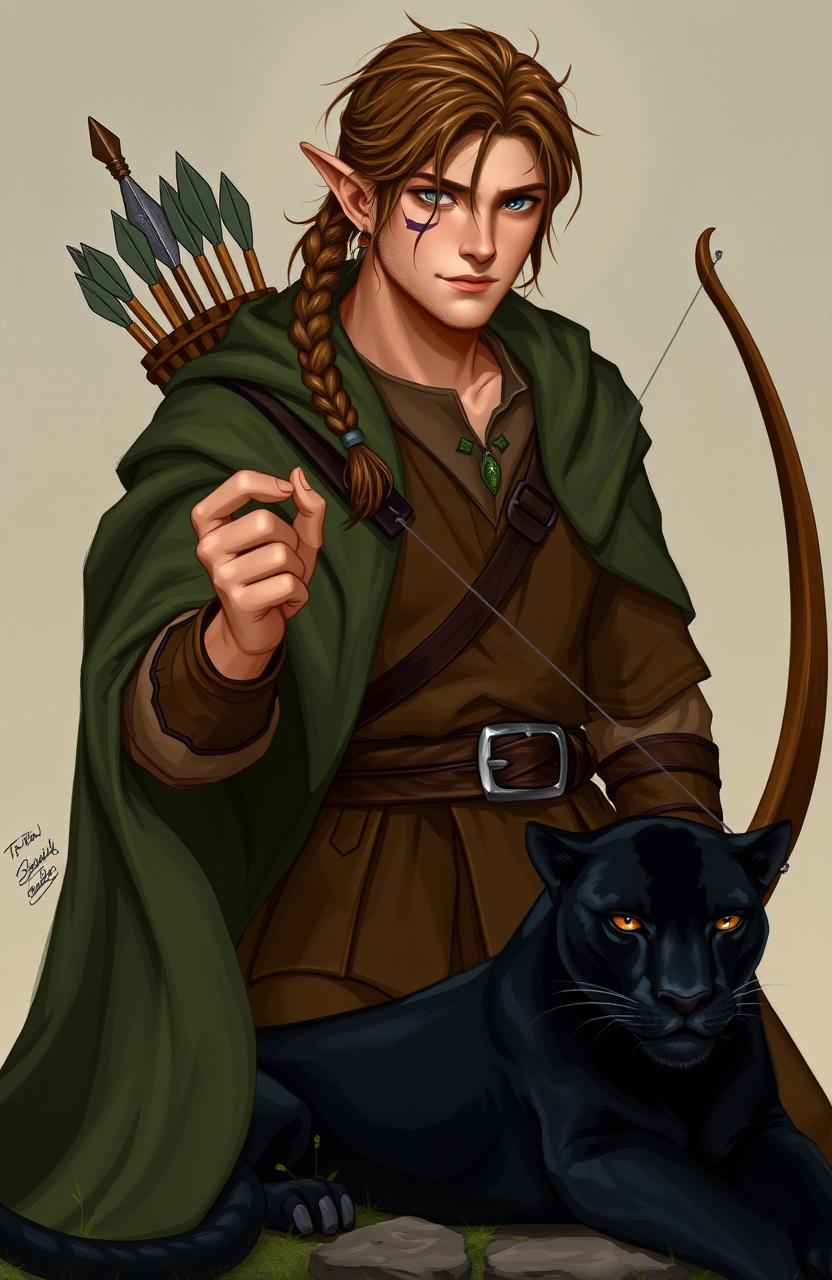 A mature male elf with striking gray eyes, honey-colored skin, and brown hair styled in a single braid