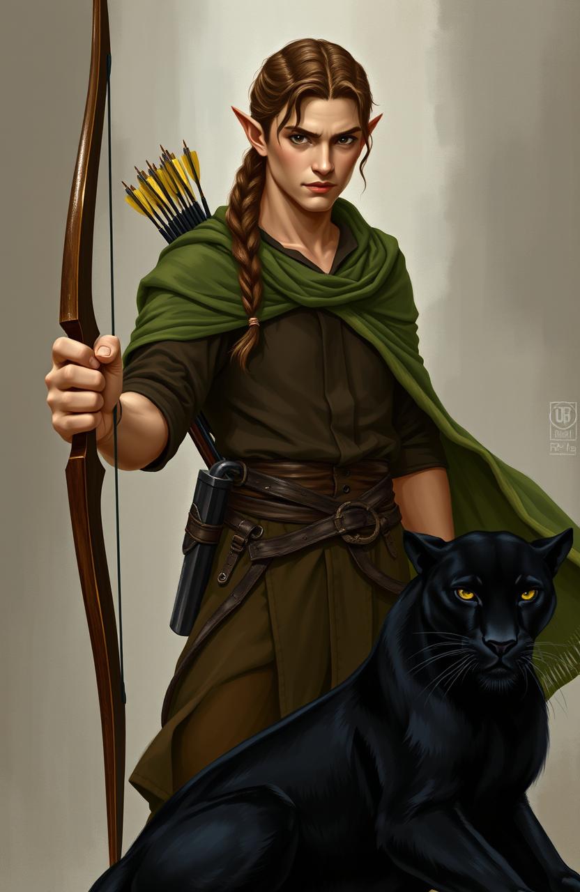 A mature male elf with black eyes, honey-colored skin, and brown hair tied in a single braid