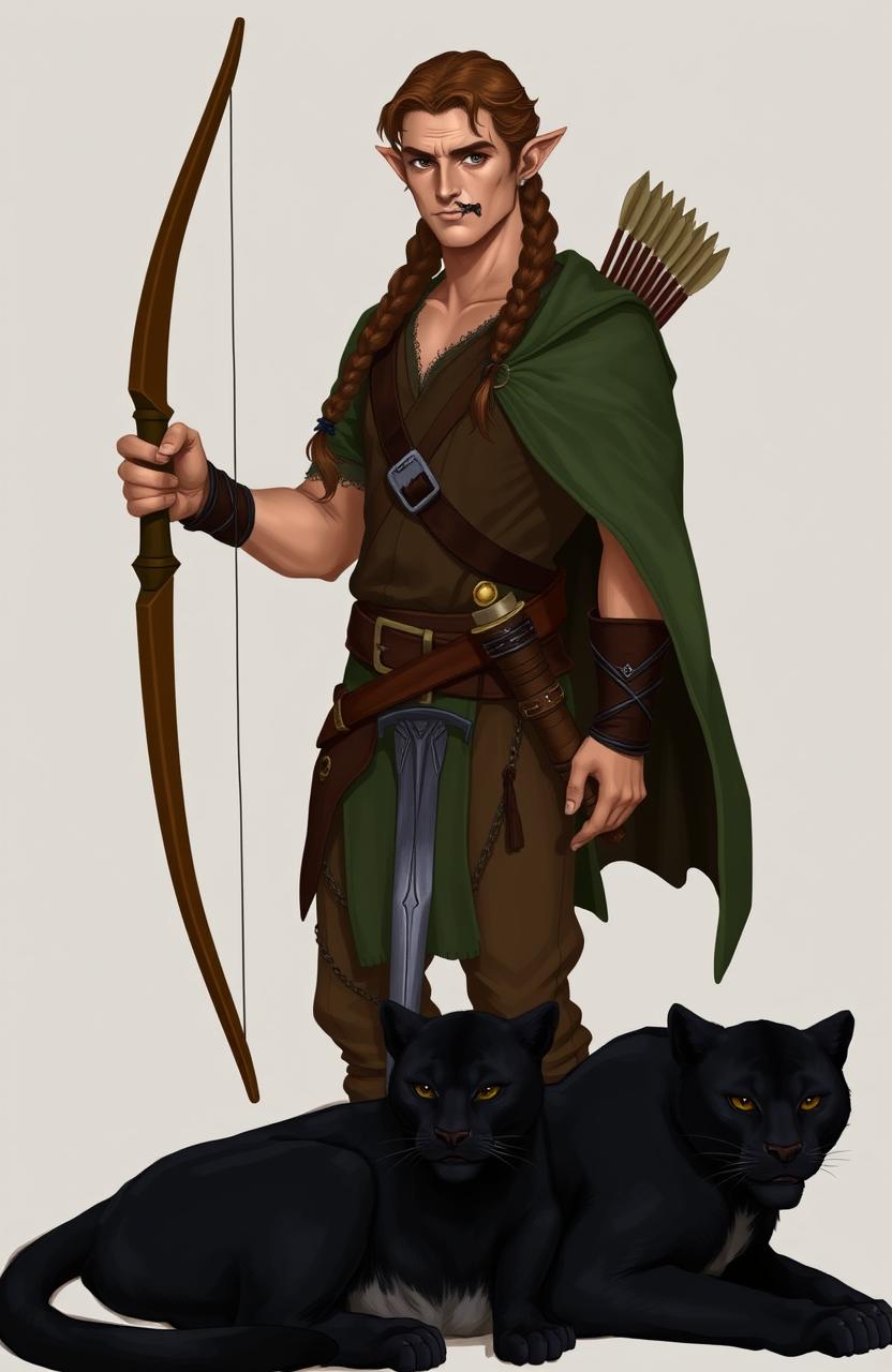 A mature male elf with black eyes and honey-colored skin, sporting a single braid of brown hair