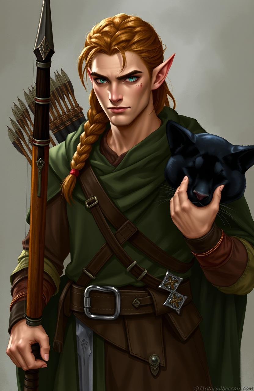 A mature male elf with black eyes, honey-colored skin, and chestnut hair styled in a single braid