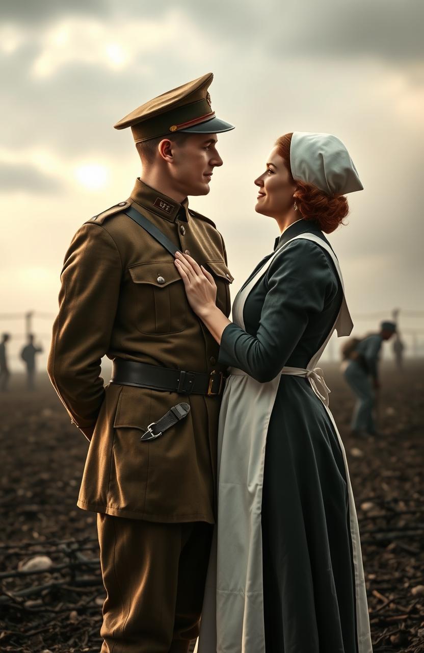 A poignant scene depicting a romance between an English officer and a French nurse during the First World War