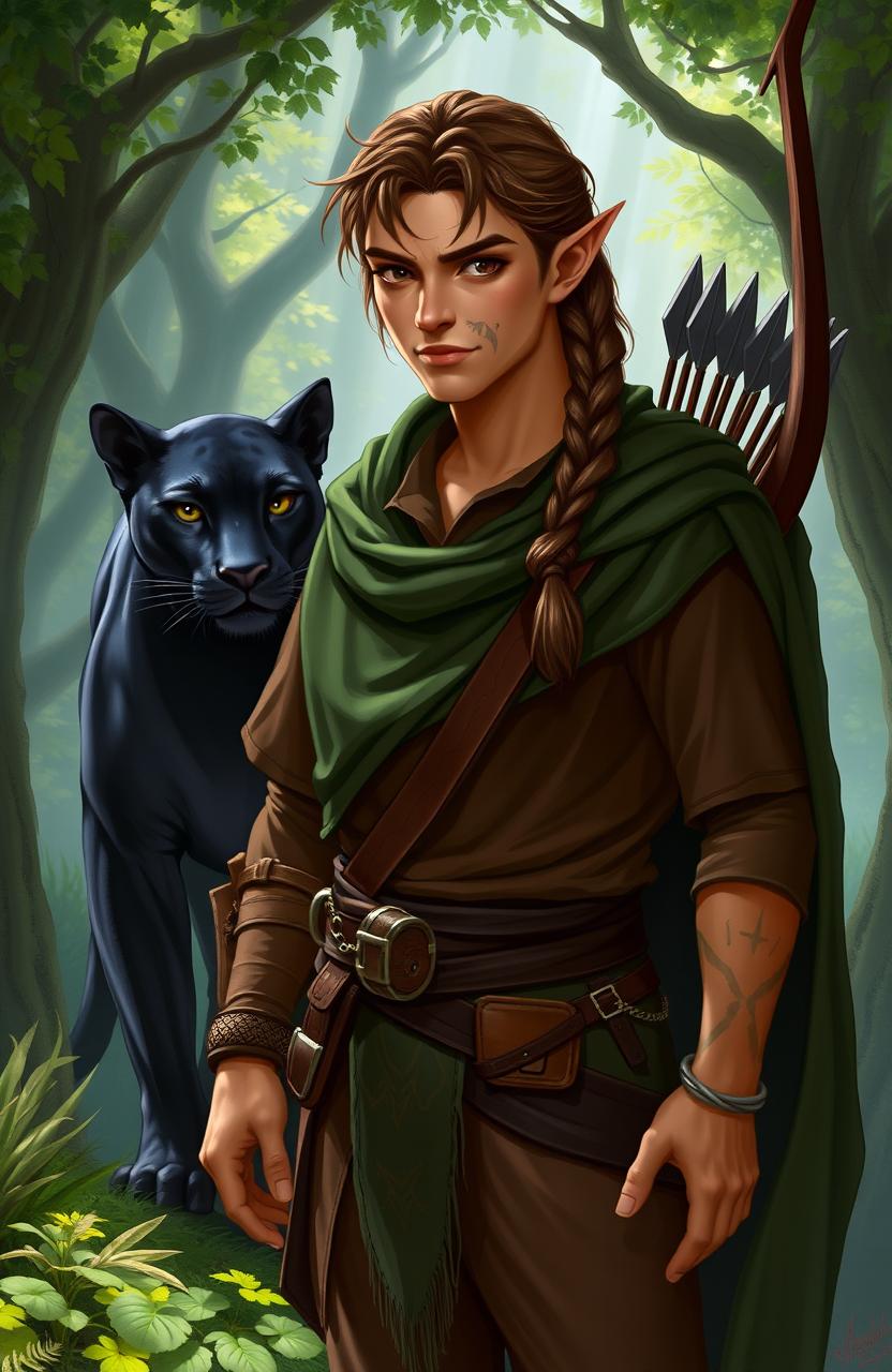 A mature male elf with black eyes, honey-colored skin, and brown hair styled in a single braid