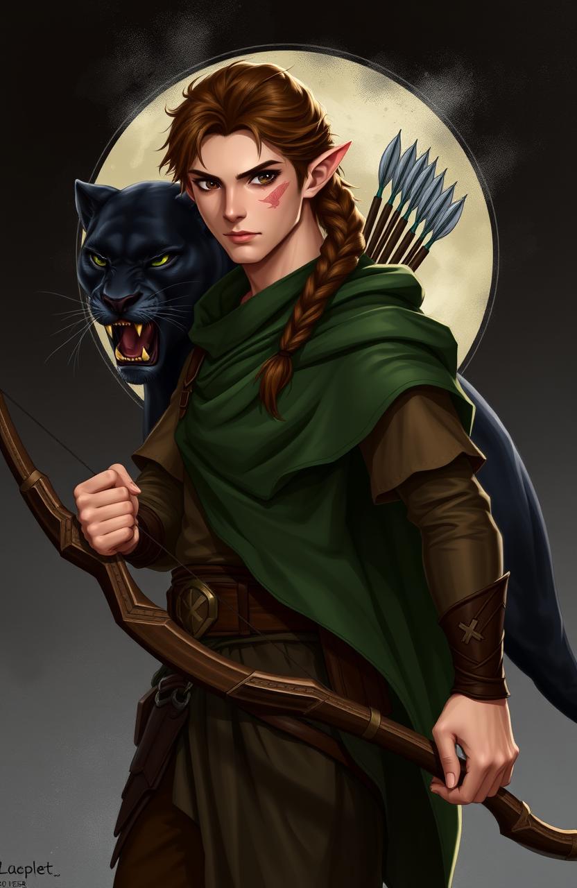 A male elf, 40 years old, with black eyes, honey-colored skin, and brown hair styled in a single braid