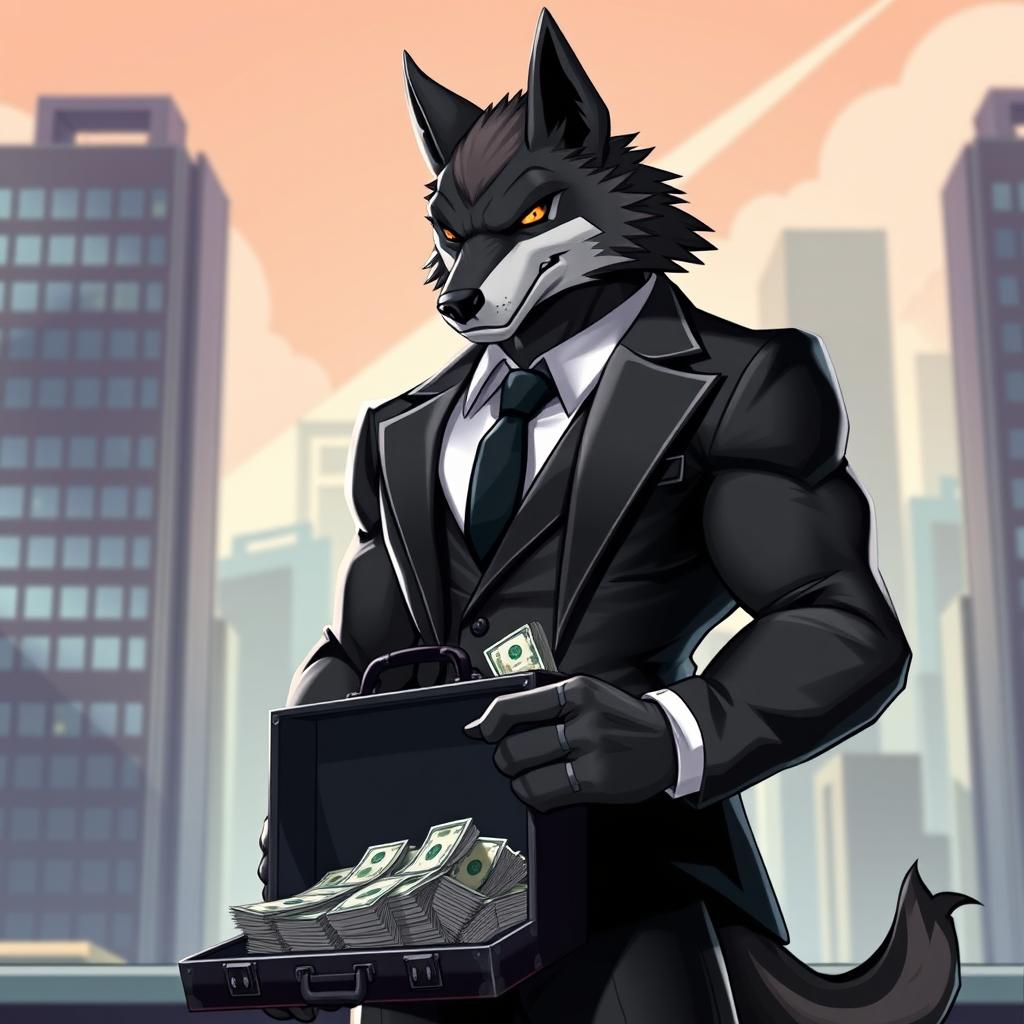 A muscular anthropomorphic wolf character, reminiscent of Mordex from Brawlhalla, dressed in a sleek black suit