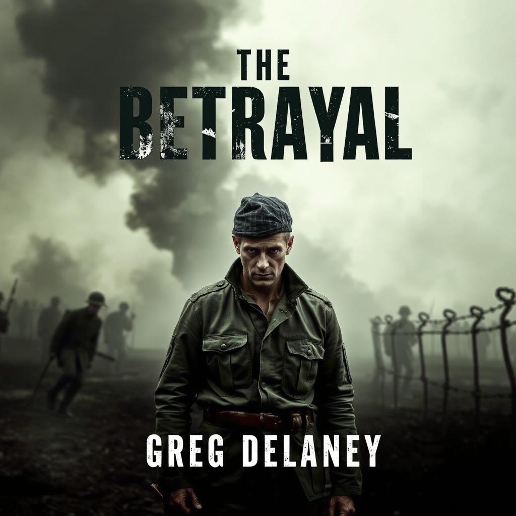 A captivating book cover for 'The Betrayal' by Greg Delaney, set against a backdrop of a World War I battlefield