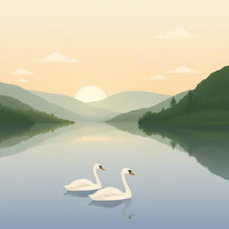 A balanced and clean illustration featuring a serene landscape at sunrise, with a calm lake reflecting the soft pastel colors of the sky, surrounded by lush greenery and gentle hills