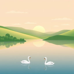 A balanced and clean illustration featuring a serene landscape at sunrise, with a calm lake reflecting the soft pastel colors of the sky, surrounded by lush greenery and gentle hills