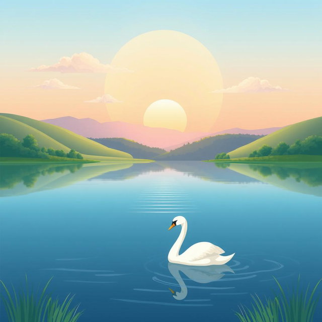 A balanced and clean illustration featuring a serene landscape at sunrise, with a calm lake reflecting the soft pastel colors of the sky, surrounded by lush greenery and gentle hills