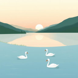 A balanced and clean illustration featuring a serene landscape at sunrise, with a calm lake reflecting the soft pastel colors of the sky, surrounded by lush greenery and gentle hills
