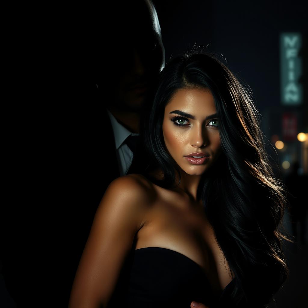 A shadowy silhouette of a masculine mafia boss, strong and imposing, protectively shielding a beautiful woman