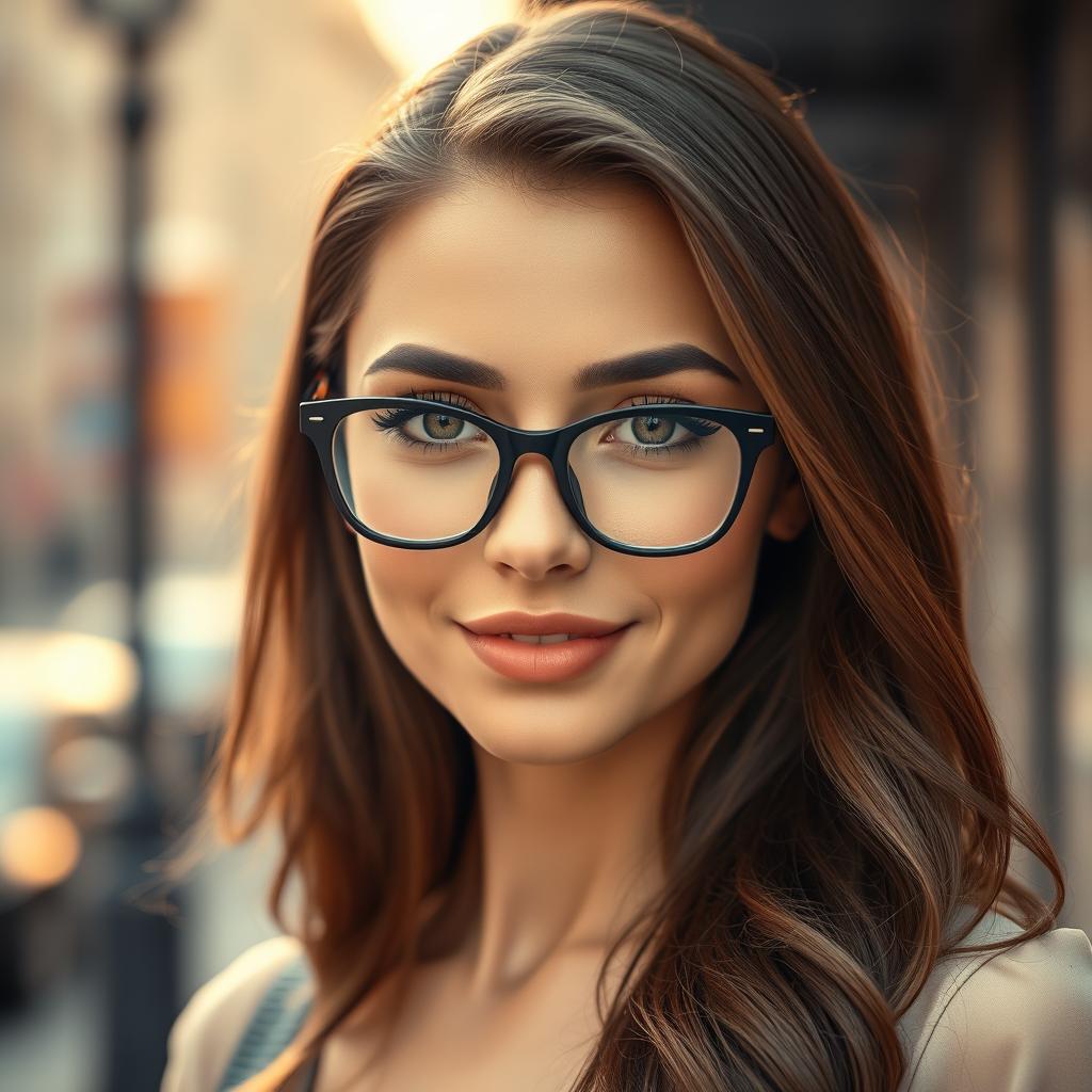 A gorgeous long-haired brunette woman wearing stylish black frame glasses, showcasing her confidence and elegance
