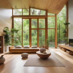 A sustainable, eco-friendly home with elements of biophilic design, featuring abundant greenery, natural light, and organic materials.