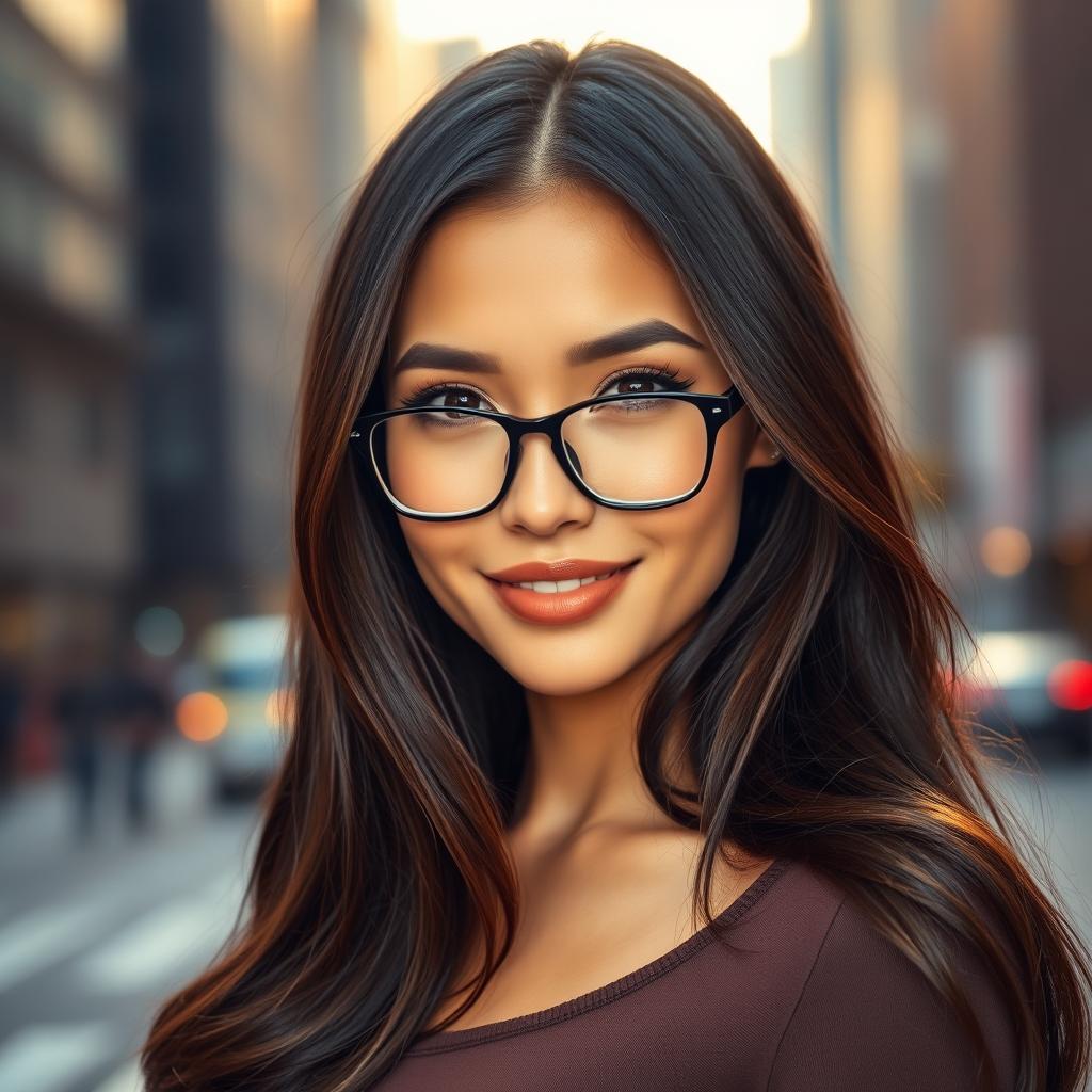 A stunning long-haired brunette woman with elegant black frame glasses, radiating beauty and intelligence