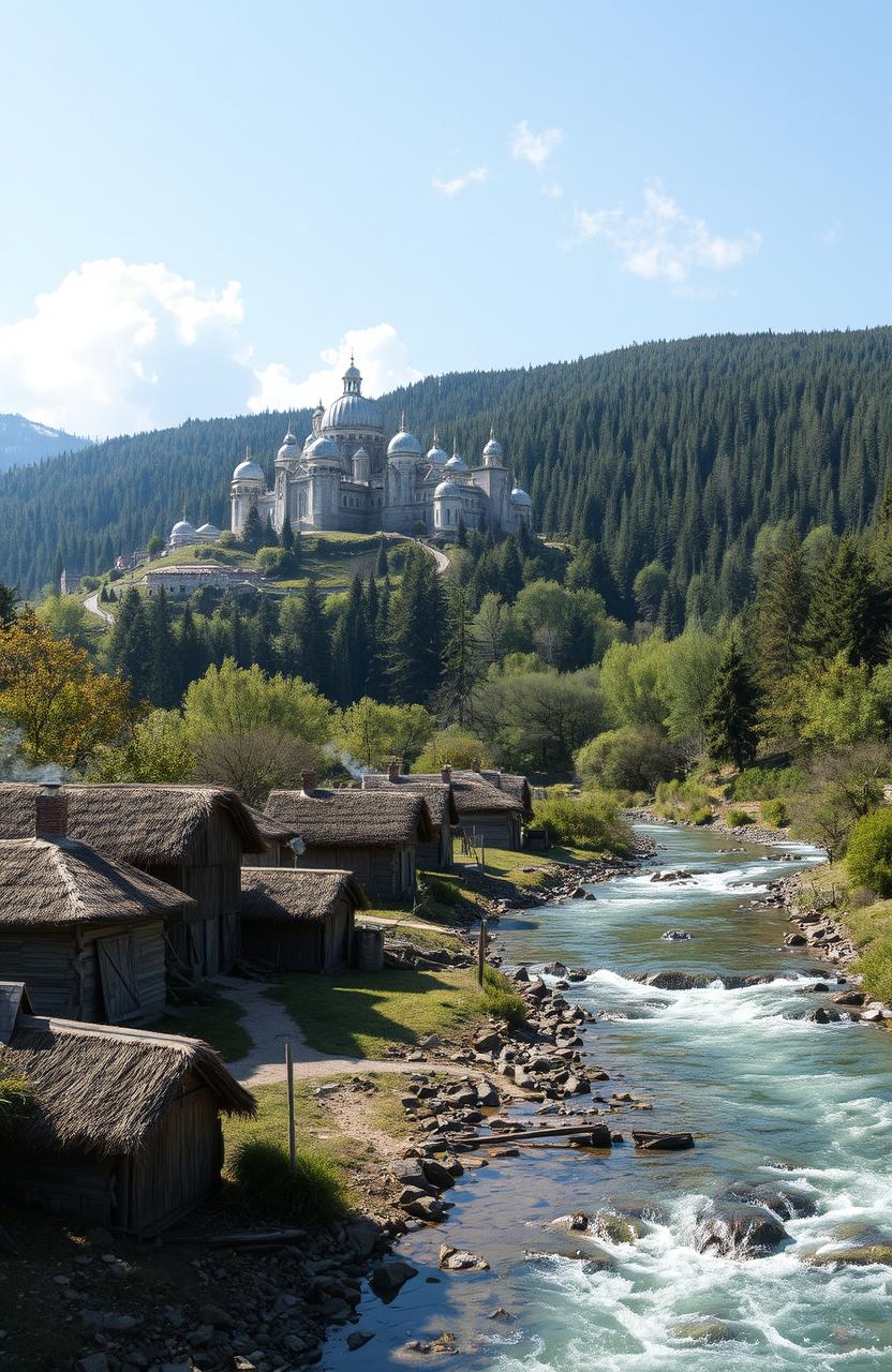 A city with silver palaces on top of a hill, emanating a shimmering glow under the sunlight